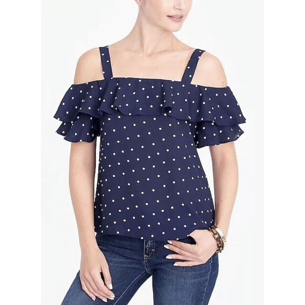 J.Crew Sz 6 Polka Dot Cold Shoulder Top Blue White Ruffle Tiered Cotton Textured